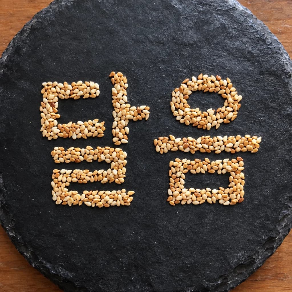 짙은 색 접시 위에 볶은 참깨를 촘촘히 뿌려 만든 한글 두 글자 «달음».