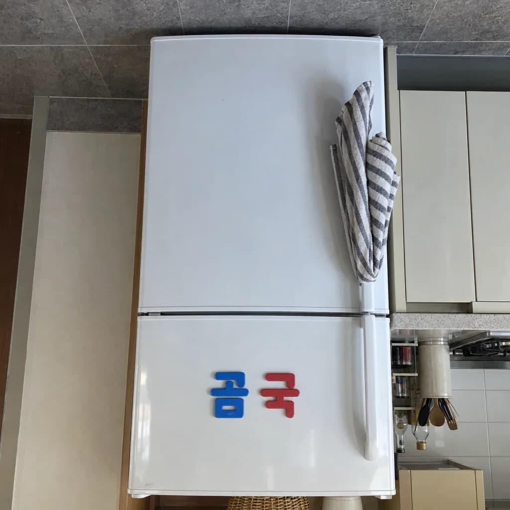 냉장고 문을 찍은 사진. 알록달록한 자석 글자 두 개가 붙어 있고, 손잡이에 걸린 행주가 위쪽을 향해 늘어져 있다. 냉장고 아래에 있어야 할 바닥 타일이 사진 위쪽에 보인다.