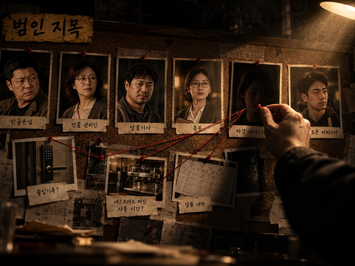 범인 지목 — 용의자 사진이 붙은 수사 보드